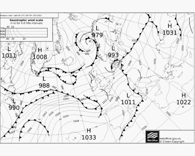 Carte météo analysée Atlantique Nord